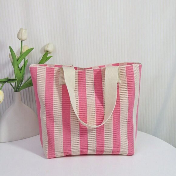 Handbags - Pink Women's Fashion Striped Contrast Color Tote Bag